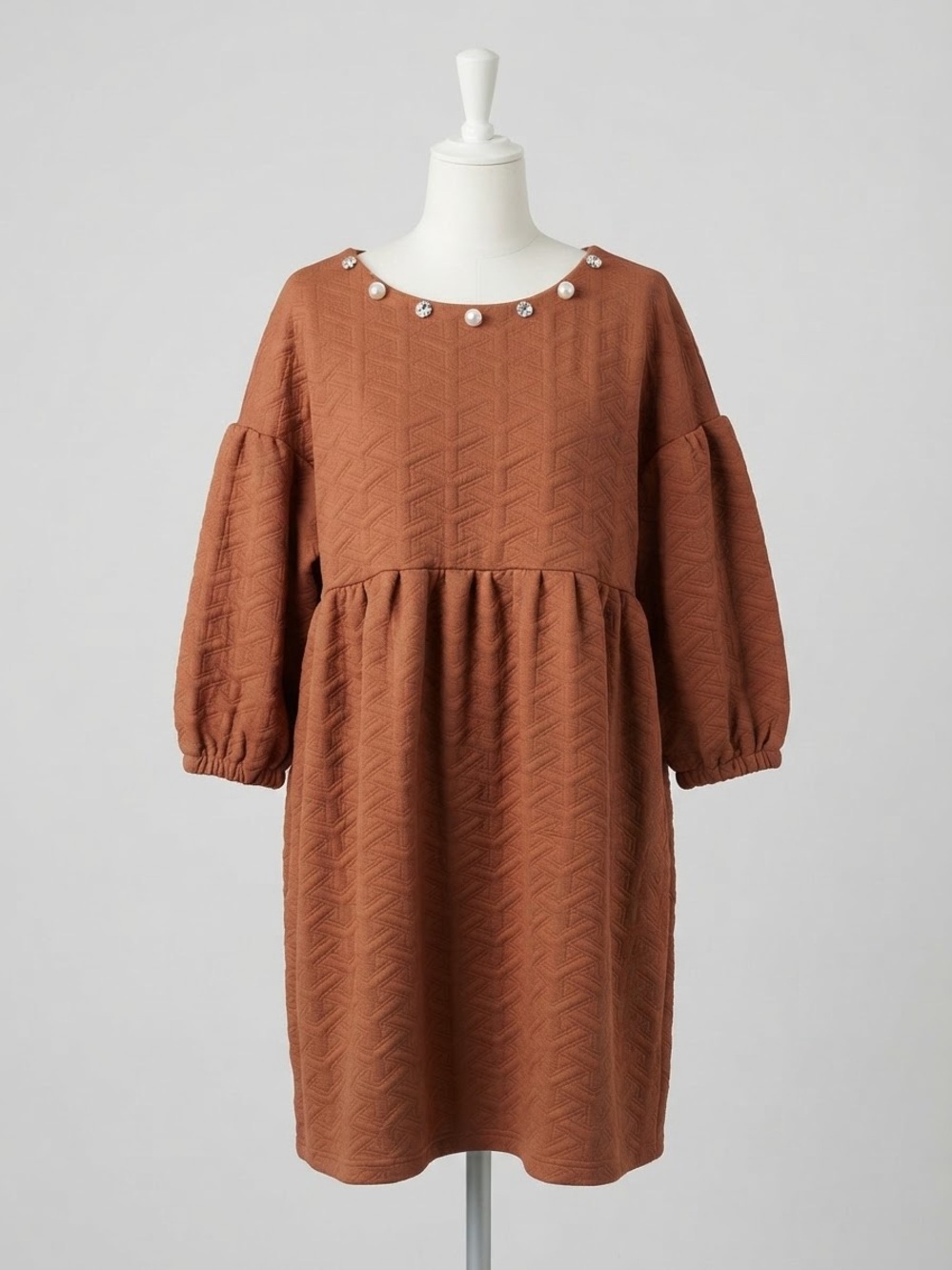 Simply Southern Rust Brown Textured Pearl-Neck Balloon Sleeve Dress
